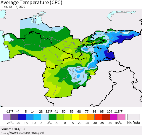 Central Asia Average Temperature (CPC) Thematic Map For 1/10/2022 - 1/16/2022