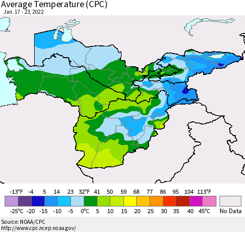 Central Asia Average Temperature (CPC) Thematic Map For 1/17/2022 - 1/23/2022