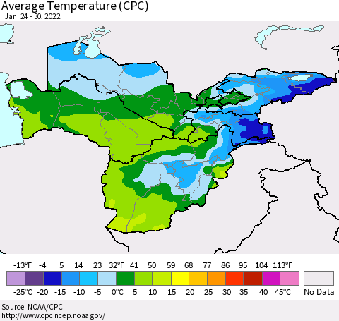 Central Asia Average Temperature (CPC) Thematic Map For 1/24/2022 - 1/30/2022
