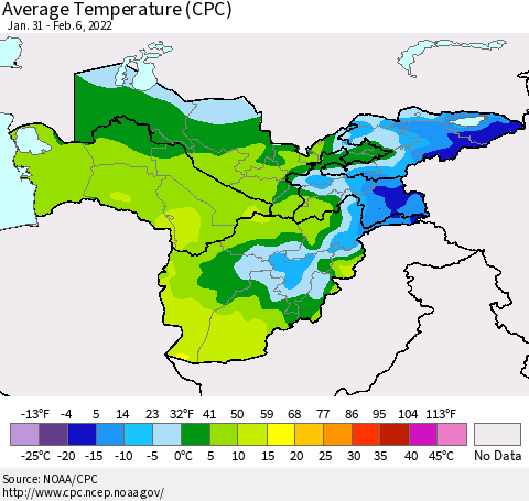 Central Asia Average Temperature (CPC) Thematic Map For 1/31/2022 - 2/6/2022