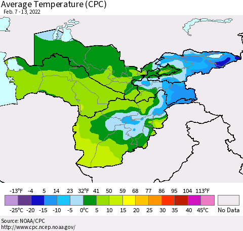 Central Asia Average Temperature (CPC) Thematic Map For 2/7/2022 - 2/13/2022