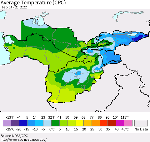 Central Asia Average Temperature (CPC) Thematic Map For 2/14/2022 - 2/20/2022