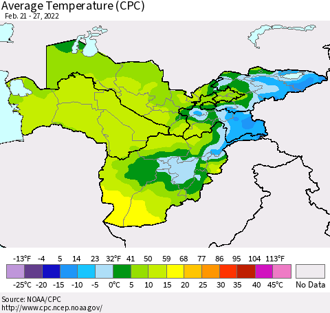 Central Asia Average Temperature (CPC) Thematic Map For 2/21/2022 - 2/27/2022
