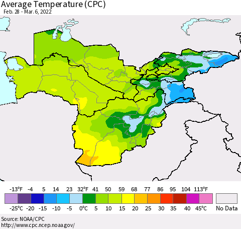 Central Asia Average Temperature (CPC) Thematic Map For 2/28/2022 - 3/6/2022