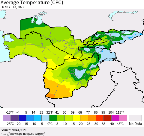 Central Asia Average Temperature (CPC) Thematic Map For 3/7/2022 - 3/13/2022