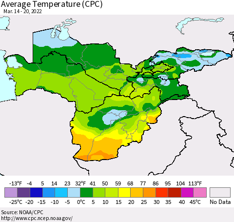 Central Asia Average Temperature (CPC) Thematic Map For 3/14/2022 - 3/20/2022