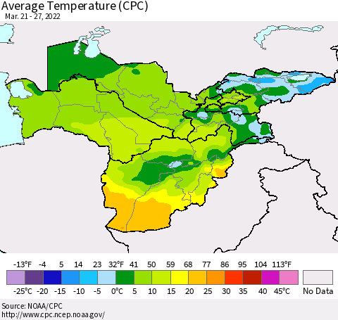 Central Asia Average Temperature (CPC) Thematic Map For 3/21/2022 - 3/27/2022