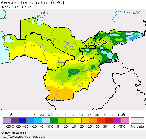 Central Asia Average Temperature (CPC) Thematic Map For 3/28/2022 - 4/3/2022