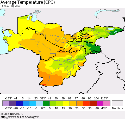 Central Asia Average Temperature (CPC) Thematic Map For 4/4/2022 - 4/10/2022