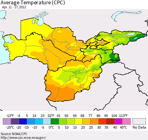 Central Asia Average Temperature (CPC) Thematic Map For 4/11/2022 - 4/17/2022