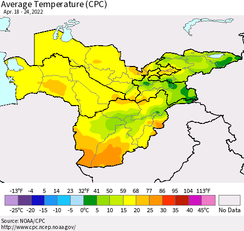 Central Asia Average Temperature (CPC) Thematic Map For 4/18/2022 - 4/24/2022