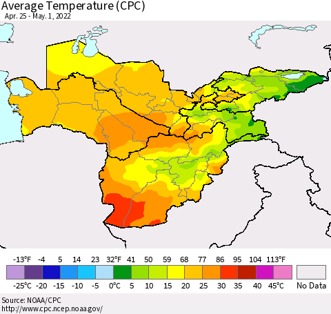 Central Asia Average Temperature (CPC) Thematic Map For 4/25/2022 - 5/1/2022