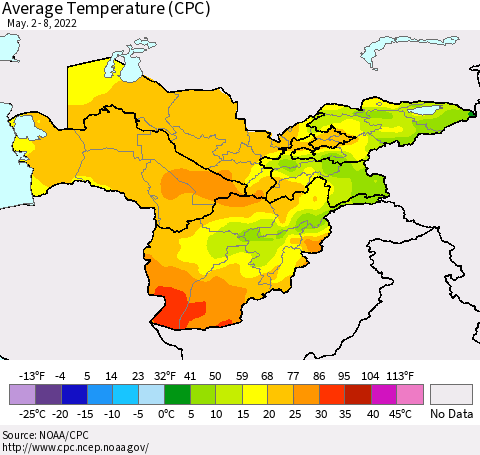 Central Asia Average Temperature (CPC) Thematic Map For 5/2/2022 - 5/8/2022