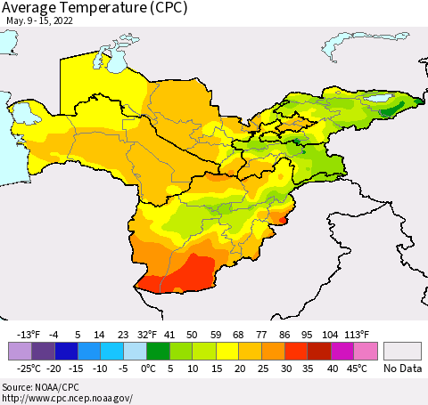 Central Asia Average Temperature (CPC) Thematic Map For 5/9/2022 - 5/15/2022