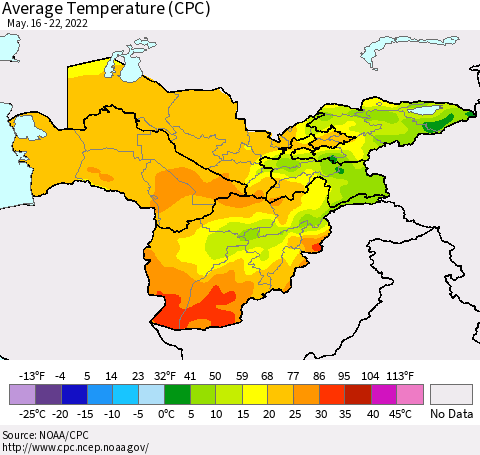 Central Asia Average Temperature (CPC) Thematic Map For 5/16/2022 - 5/22/2022