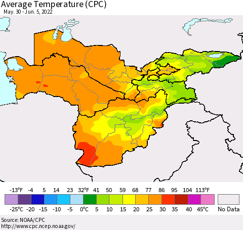 Central Asia Average Temperature (CPC) Thematic Map For 5/30/2022 - 6/5/2022