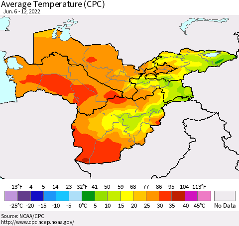 Central Asia Average Temperature (CPC) Thematic Map For 6/6/2022 - 6/12/2022