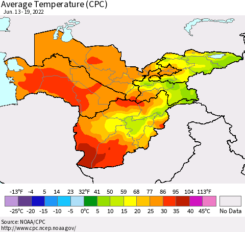 Central Asia Average Temperature (CPC) Thematic Map For 6/13/2022 - 6/19/2022