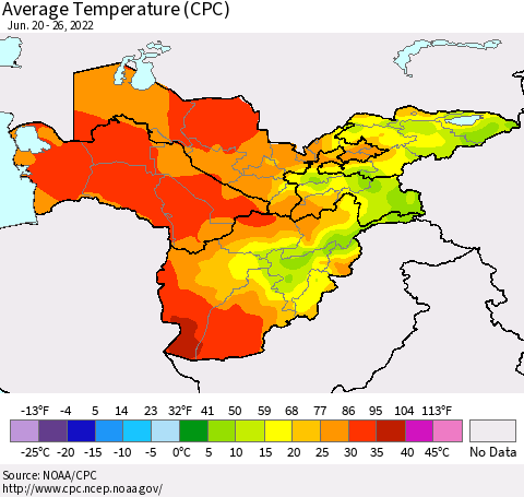 Central Asia Average Temperature (CPC) Thematic Map For 6/20/2022 - 6/26/2022