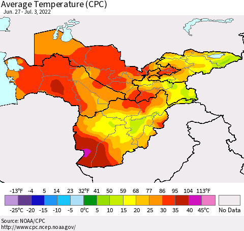 Central Asia Average Temperature (CPC) Thematic Map For 6/27/2022 - 7/3/2022