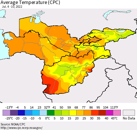 Central Asia Average Temperature (CPC) Thematic Map For 7/4/2022 - 7/10/2022