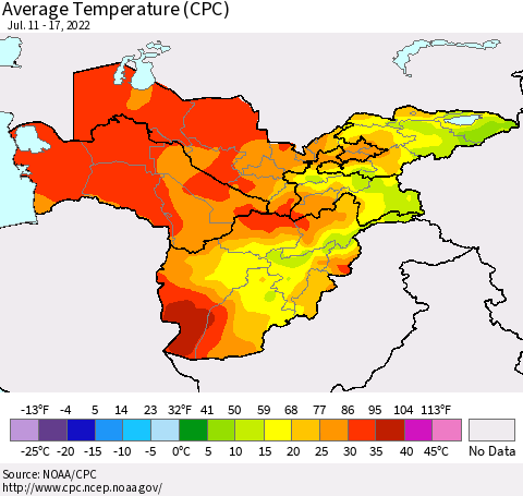 Central Asia Average Temperature (CPC) Thematic Map For 7/11/2022 - 7/17/2022