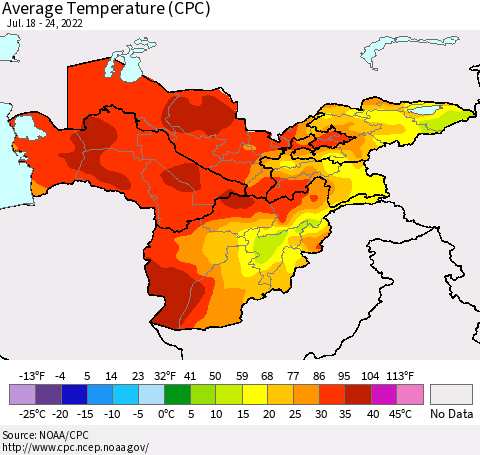 Central Asia Average Temperature (CPC) Thematic Map For 7/18/2022 - 7/24/2022