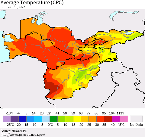 Central Asia Average Temperature (CPC) Thematic Map For 7/25/2022 - 7/31/2022