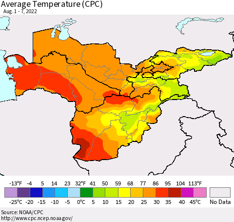 Central Asia Average Temperature (CPC) Thematic Map For 8/1/2022 - 8/7/2022