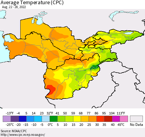 Central Asia Average Temperature (CPC) Thematic Map For 8/22/2022 - 8/28/2022