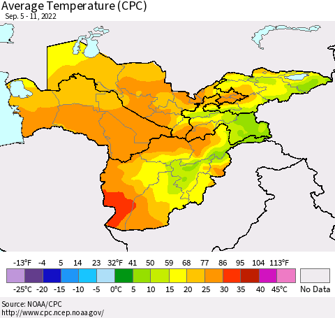 Central Asia Average Temperature (CPC) Thematic Map For 9/5/2022 - 9/11/2022