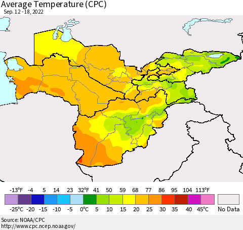Central Asia Average Temperature (CPC) Thematic Map For 9/12/2022 - 9/18/2022