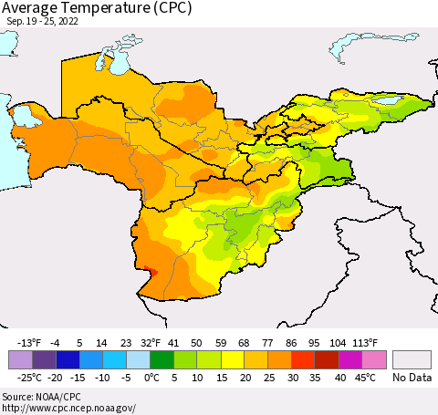 Central Asia Average Temperature (CPC) Thematic Map For 9/19/2022 - 9/25/2022