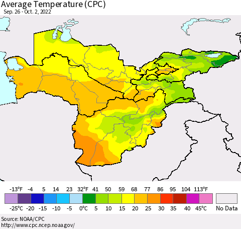 Central Asia Average Temperature (CPC) Thematic Map For 9/26/2022 - 10/2/2022