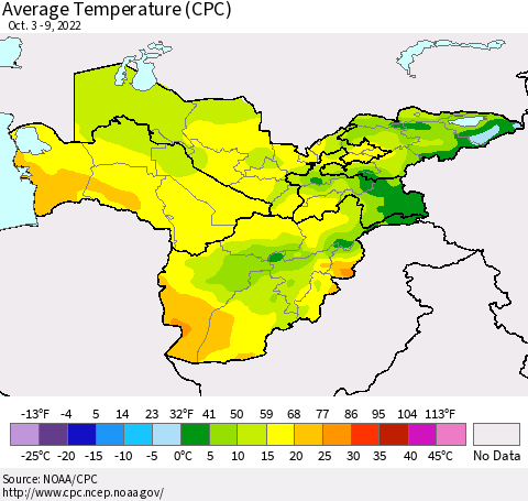 Central Asia Average Temperature (CPC) Thematic Map For 10/3/2022 - 10/9/2022