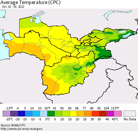 Central Asia Average Temperature (CPC) Thematic Map For 10/10/2022 - 10/16/2022