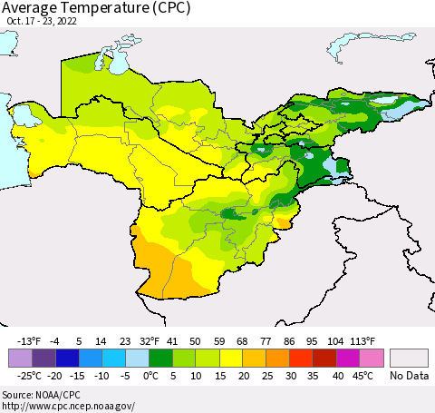 Central Asia Average Temperature (CPC) Thematic Map For 10/17/2022 - 10/23/2022