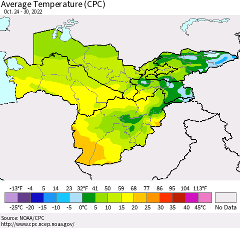 Central Asia Average Temperature (CPC) Thematic Map For 10/24/2022 - 10/30/2022