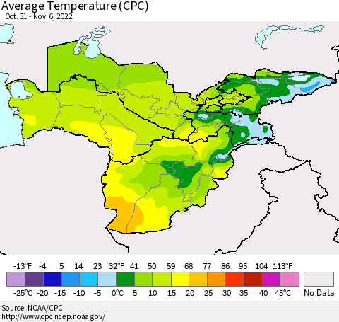 Central Asia Average Temperature (CPC) Thematic Map For 10/31/2022 - 11/6/2022