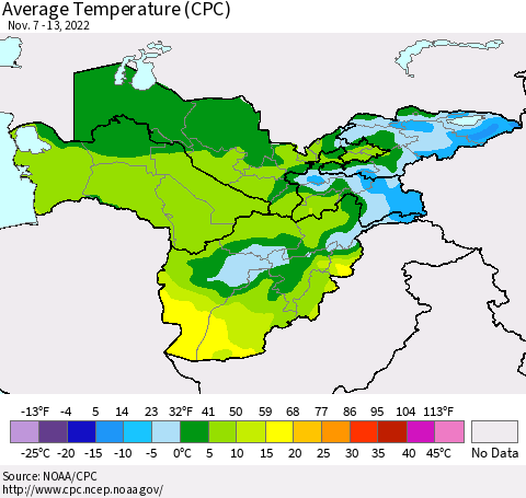 Central Asia Average Temperature (CPC) Thematic Map For 11/7/2022 - 11/13/2022