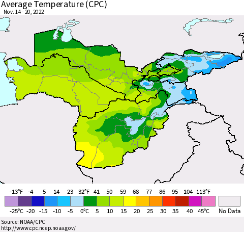 Central Asia Average Temperature (CPC) Thematic Map For 11/14/2022 - 11/20/2022