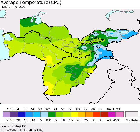Central Asia Average Temperature (CPC) Thematic Map For 11/21/2022 - 11/27/2022