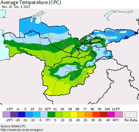 Central Asia Average Temperature (CPC) Thematic Map For 11/28/2022 - 12/4/2022