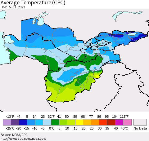 Central Asia Average Temperature (CPC) Thematic Map For 12/5/2022 - 12/11/2022
