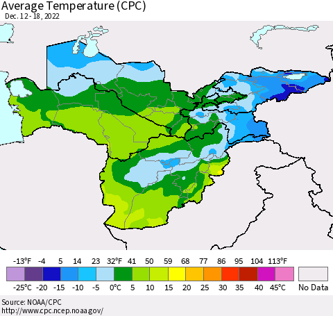 Central Asia Average Temperature (CPC) Thematic Map For 12/12/2022 - 12/18/2022