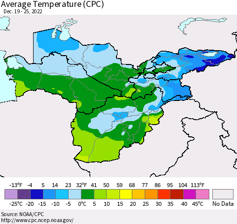 Central Asia Average Temperature (CPC) Thematic Map For 12/19/2022 - 12/25/2022