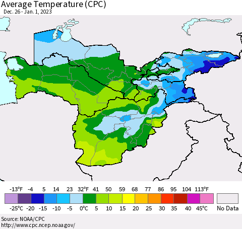Central Asia Average Temperature (CPC) Thematic Map For 12/26/2022 - 1/1/2023