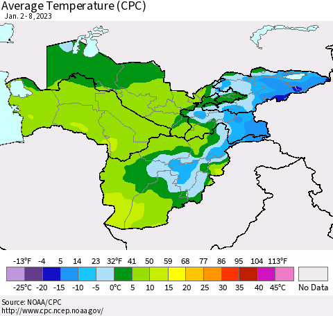 Central Asia Average Temperature (CPC) Thematic Map For 1/2/2023 - 1/8/2023