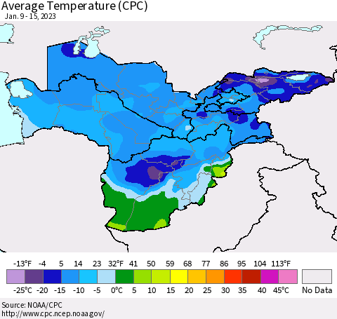 Central Asia Average Temperature (CPC) Thematic Map For 1/9/2023 - 1/15/2023