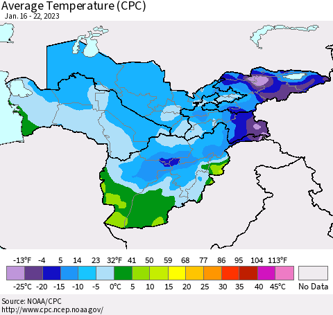Central Asia Average Temperature (CPC) Thematic Map For 1/16/2023 - 1/22/2023